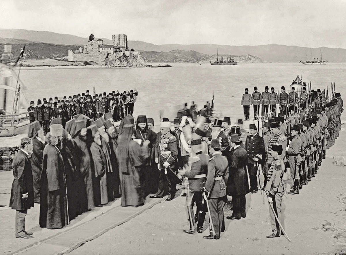 The official welcome of the king Petar I of Serbia at the Hilandar pier 1910.