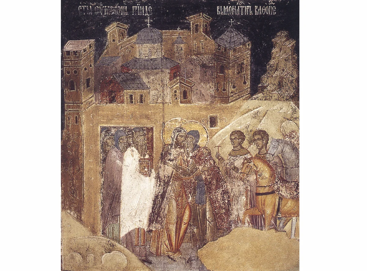 The encounter of St. Sava and St. Symeon in the Monastery of Vatopedi.