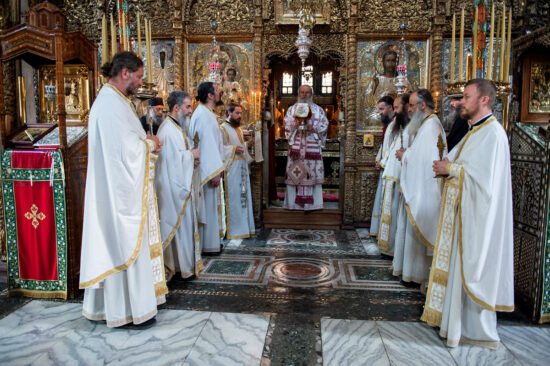 Metropolitan Teodosije with students and professors from Prizren at the Hilandar Monastery